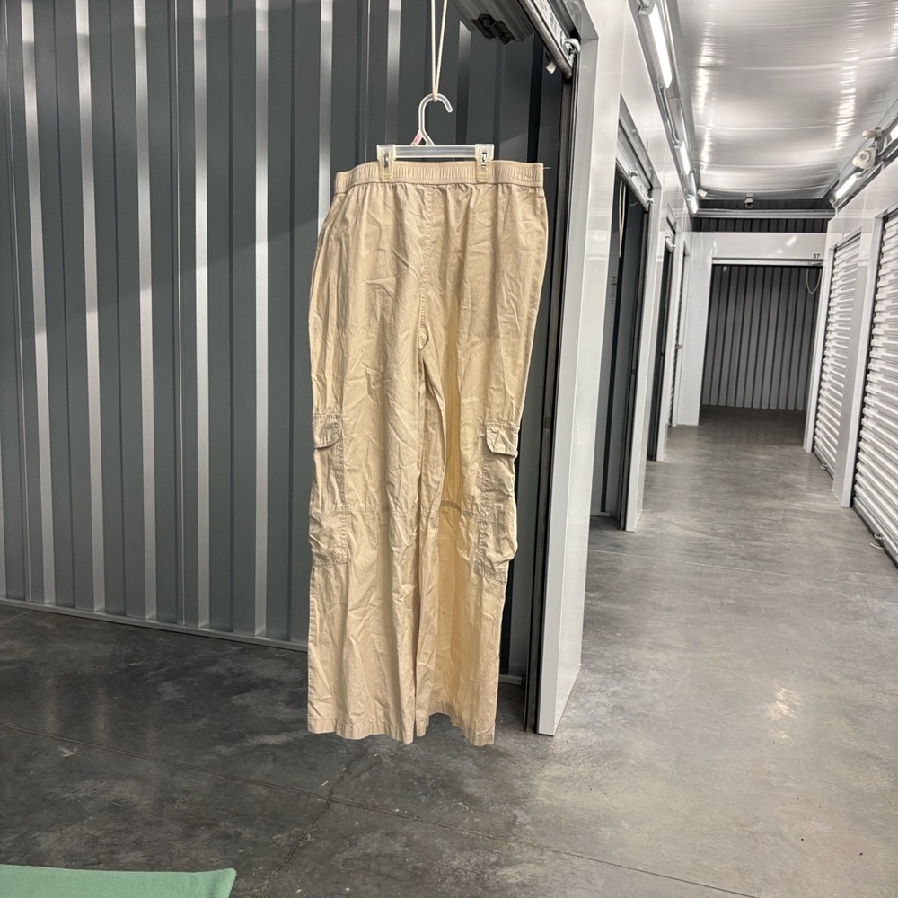 NWT Angel Kiss Tan Lightweight Cargo Pants Back Elastic Waist Wide Leg Women’s L - Picture 7 of 16